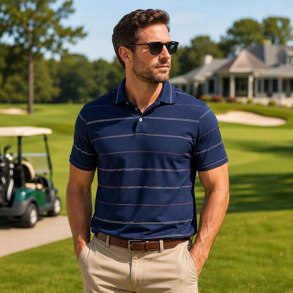 FootJoy FJ Men's Large Navy Blue Striped Shirt Polo Golfcore Dadcore Athleisure